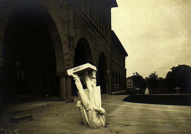 Biologist, geologist, and social darwinist Louis Agassiz's sculpture at Stanford after the 1906 San Francisco earthquake