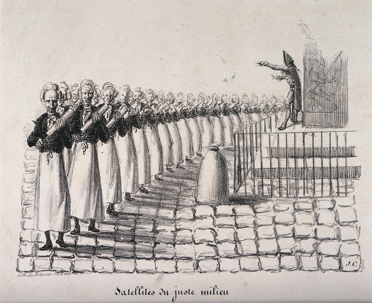 A regiment of clyster-wielding apothecaries orchestrated by General George Mouton de Lobau; representing his use of water-cannons in quelling riots. Lithograph by J.C., 1831.